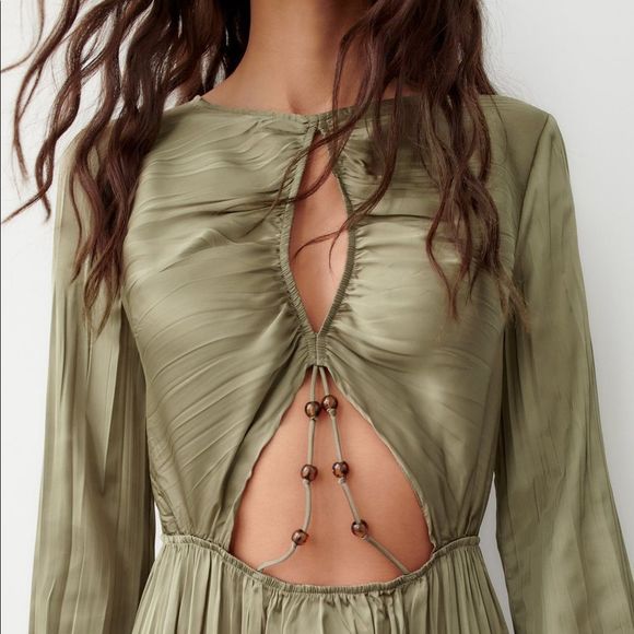 Zara | Dresses | Zara Satin Dress With Cutout Detail Olive Green | Poshmark
